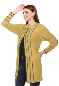 CLAPTON Women Round Neck  Yellow Full Sleeve  With Pocket Wool Cardigan (Outer Long) - XL, Yellow, Wool, Pack of1